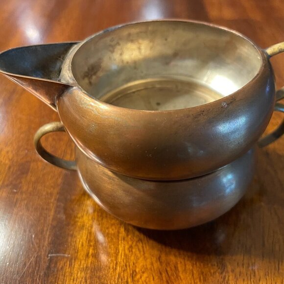Copper Plated Metal Vintage Creamer & Sugar Made In Mexico Round Stackable - Picture 1 of 8